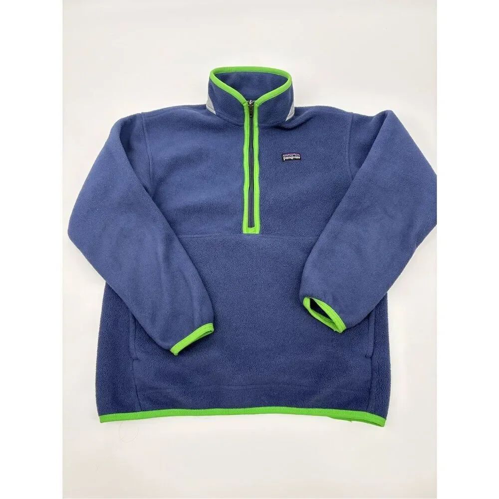 Patagonia navy fleece jacket with bright green trim